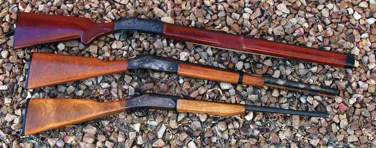 These H&R single shots include (top to bottom): a .45-70 restocked in exotic hardwood to add weight, a .44 Magnum with a cleaning rod and a .30-30 Winchester.
